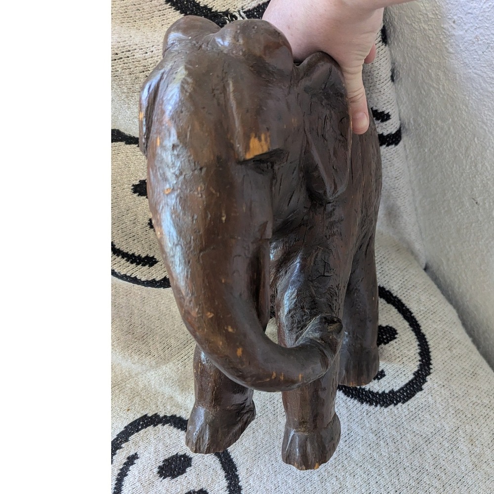 Vintage Hand Carved Solid Wood Elephant Figurine Rustic Primitive Brown 12 in‎